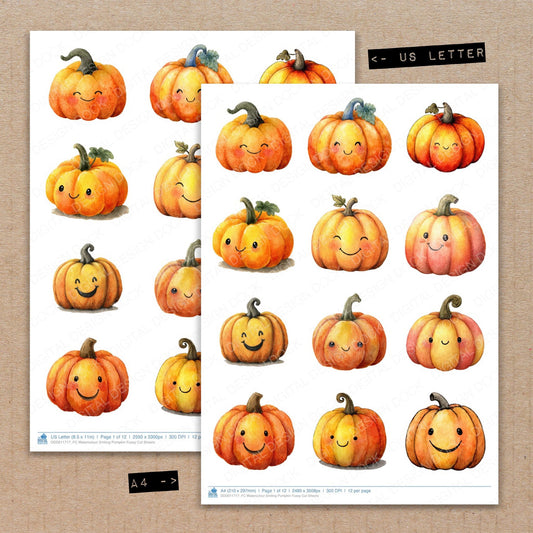 A4 and US Letter format comparison showing Watercolour Smiling Pumpkin fussy cut pages for print and cut crafting
