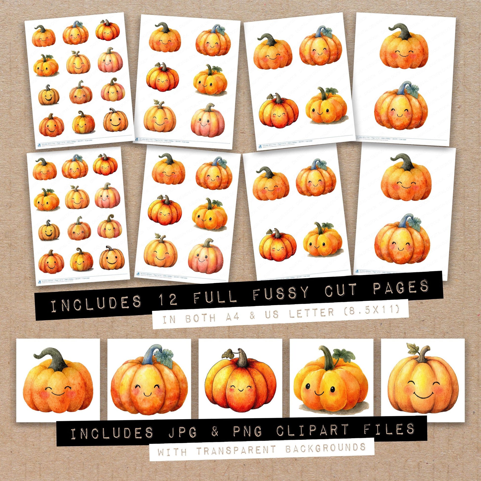 Full collection view of Watercolour Smiling Pumpkin fussy cut sheets with bonus clipart JPG and PNG files