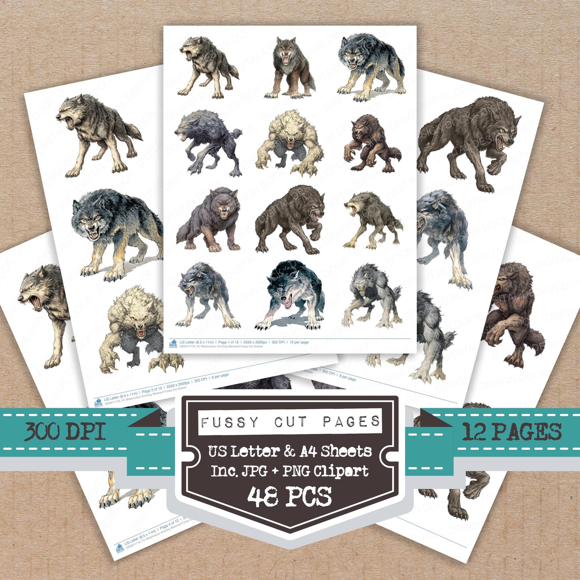 Watercolour Snarling Werewolf fussy cut printable sheets for junk journaling, scrapbooking, and paper craft projects