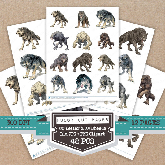 Watercolour Snarling Werewolf fussy cut printable sheets for junk journaling, scrapbooking, and paper craft projects