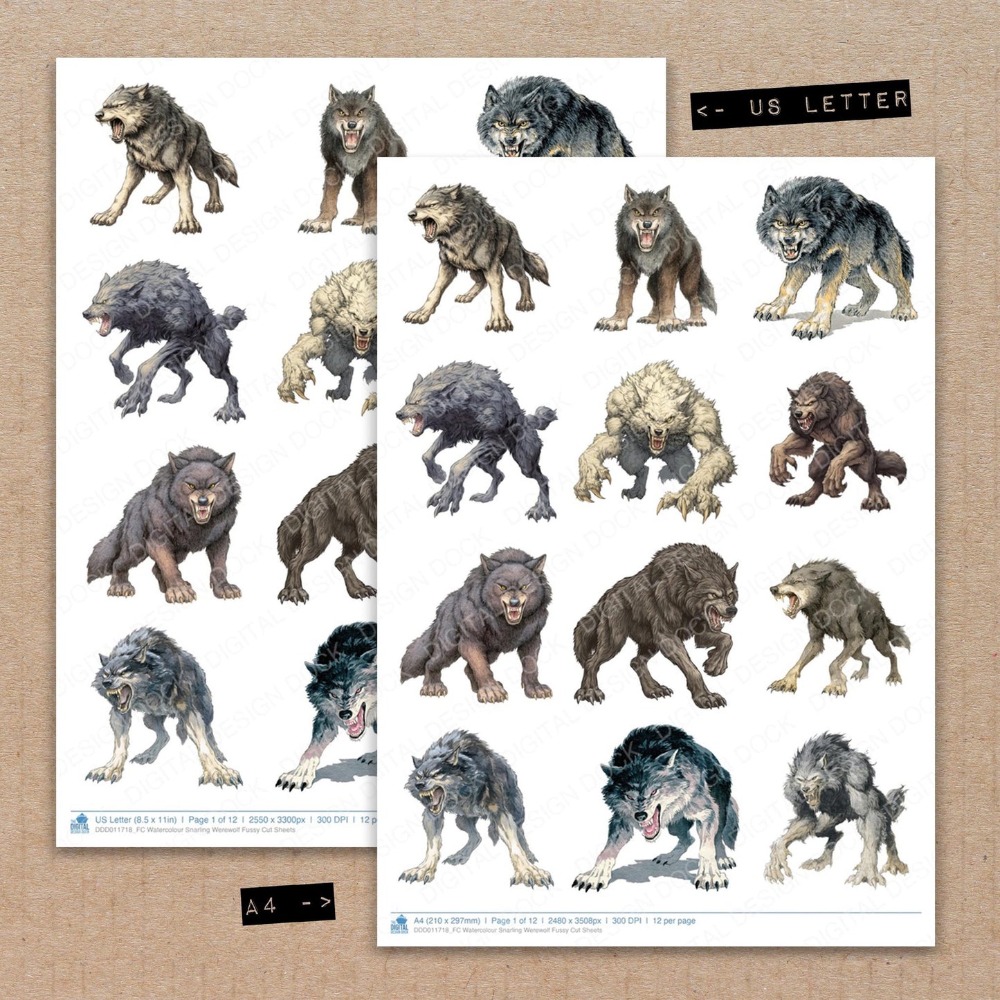 A4 and US Letter format comparison showing Watercolour Snarling Werewolf fussy cut pages for print and cut crafting