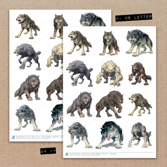 A4 and US Letter format comparison showing Watercolour Snarling Werewolf fussy cut pages for print and cut crafting