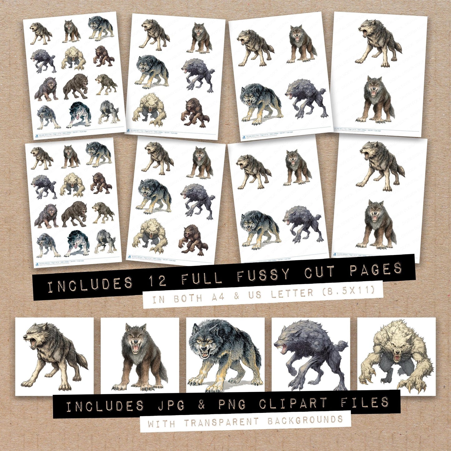 Full collection view of Watercolour Snarling Werewolf fussy cut sheets with bonus clipart JPG and PNG files