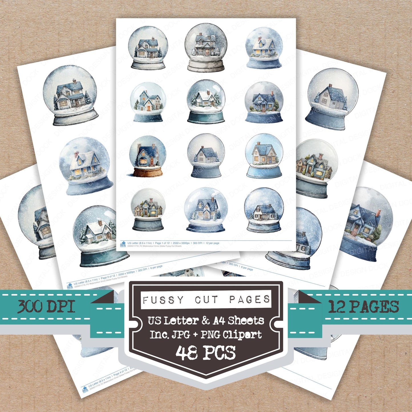 Watercolour Snow Globe fussy cut printable sheets for junk journaling, scrapbooking, and paper craft projects