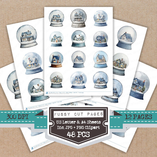 Watercolour Snow Globe fussy cut printable sheets for junk journaling, scrapbooking, and paper craft projects