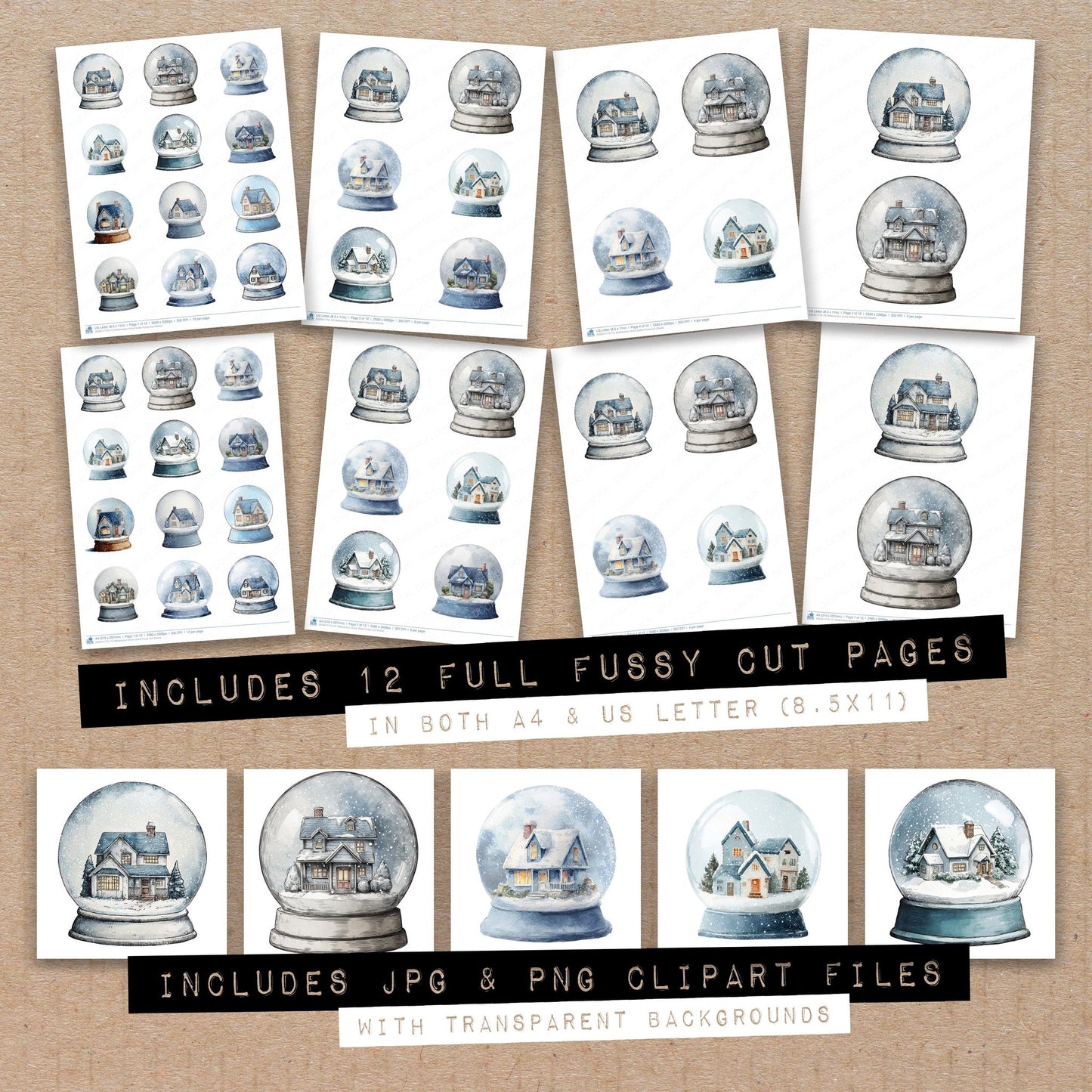 Full collection view of Watercolour Snow Globe fussy cut sheets with bonus clipart JPG and PNG files