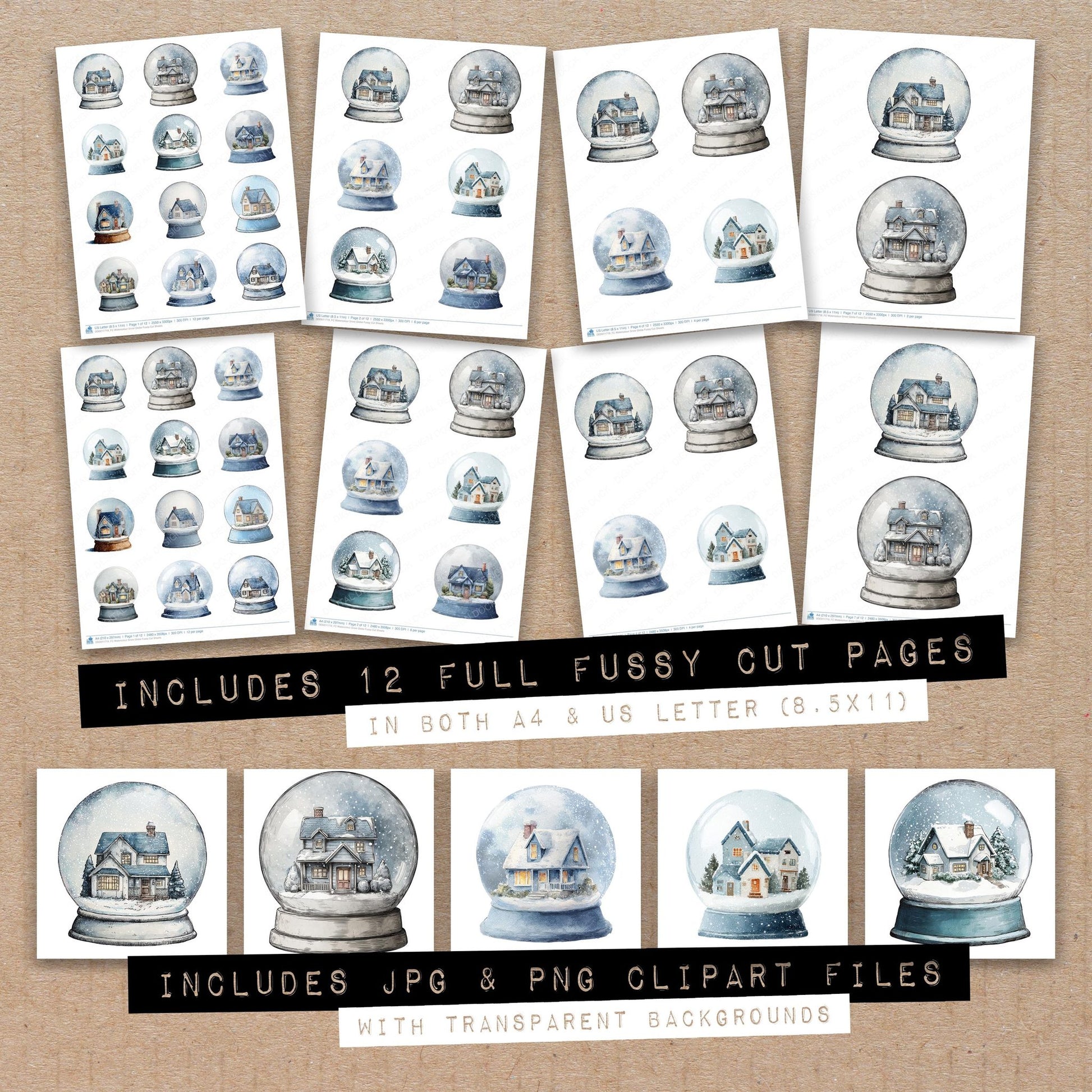Full collection view of Watercolour Snow Globe fussy cut sheets with bonus clipart JPG and PNG files
