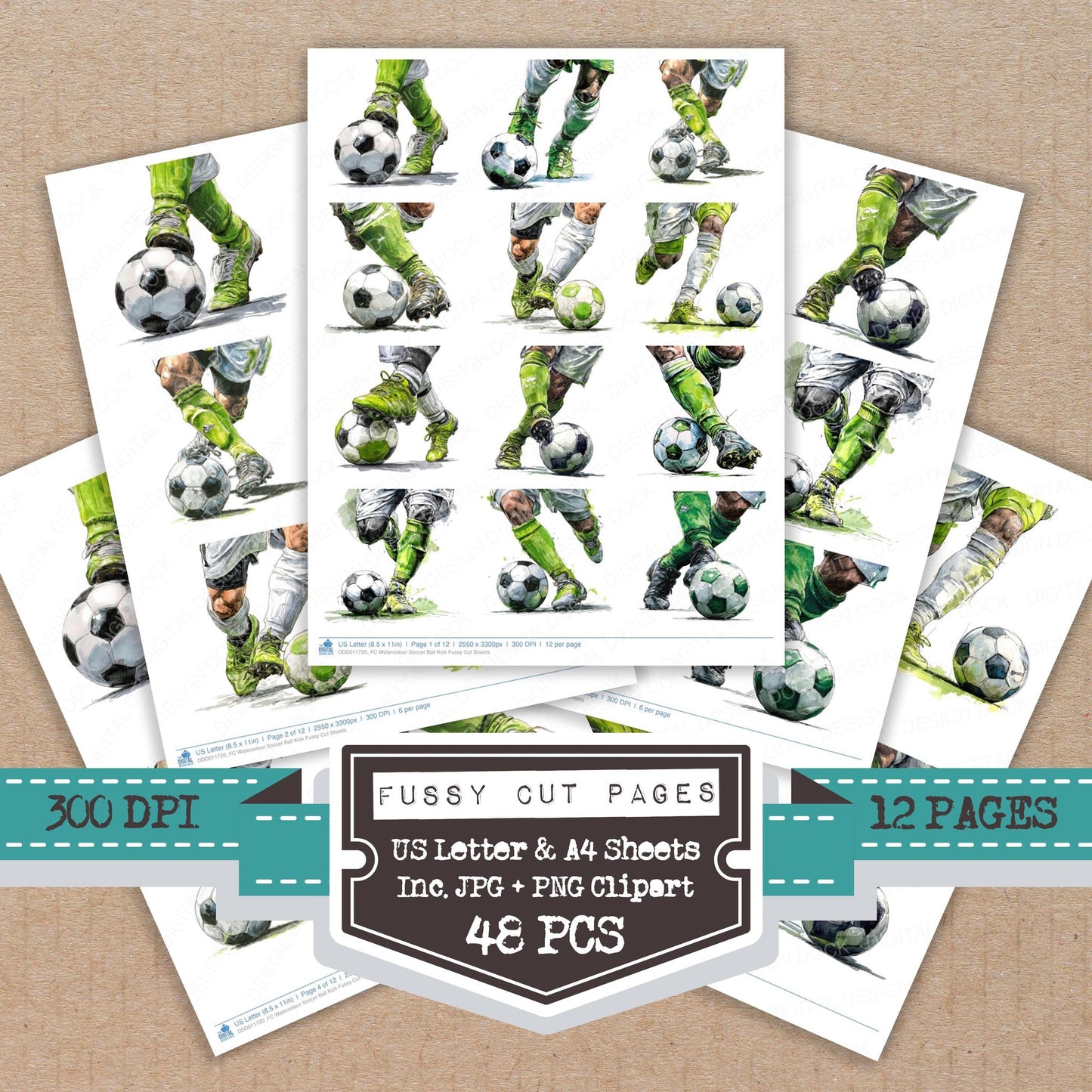 Watercolour Soccer Ball Kick fussy cut printable sheets for junk journaling, scrapbooking, and paper craft projects
