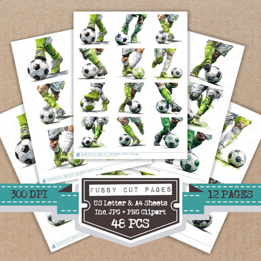 Watercolour Soccer Ball Kick fussy cut printable sheets for junk journaling, scrapbooking, and paper craft projects