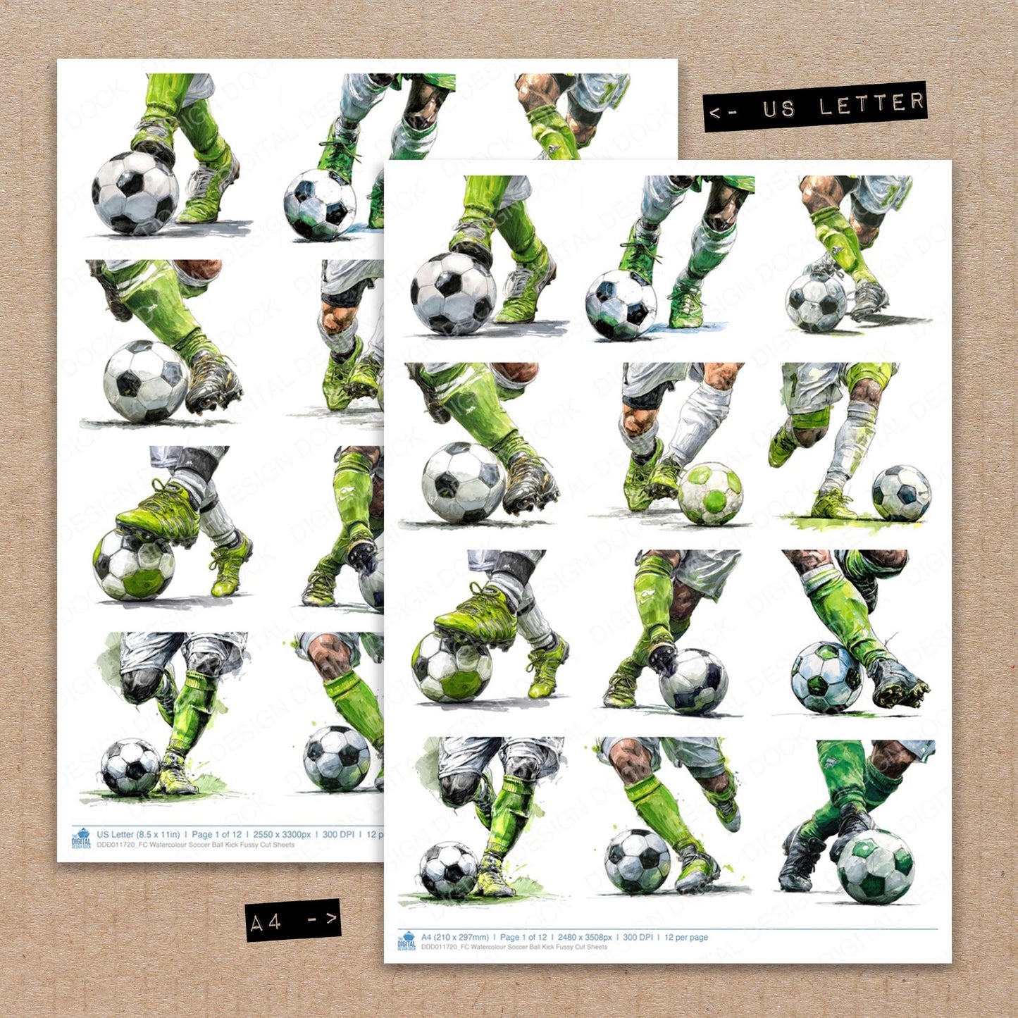 A4 and US Letter format comparison showing Watercolour Soccer Ball Kick fussy cut pages for print and cut crafting
