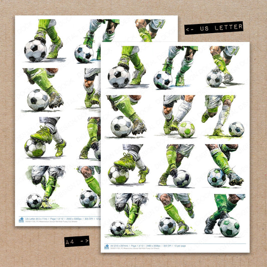 A4 and US Letter format comparison showing Watercolour Soccer Ball Kick fussy cut pages for print and cut crafting
