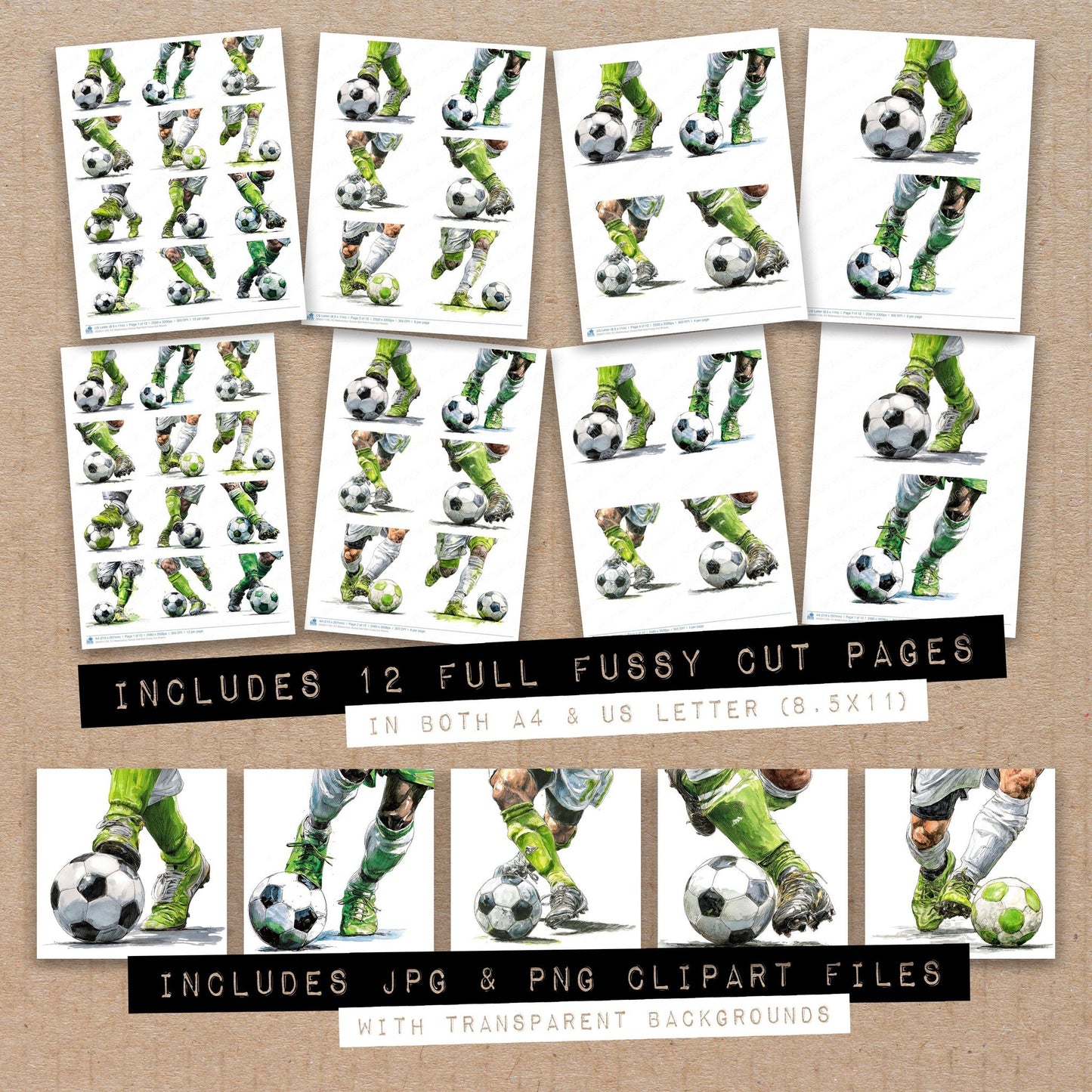 Full collection view of Watercolour Soccer Ball Kick fussy cut sheets with bonus clipart JPG and PNG files