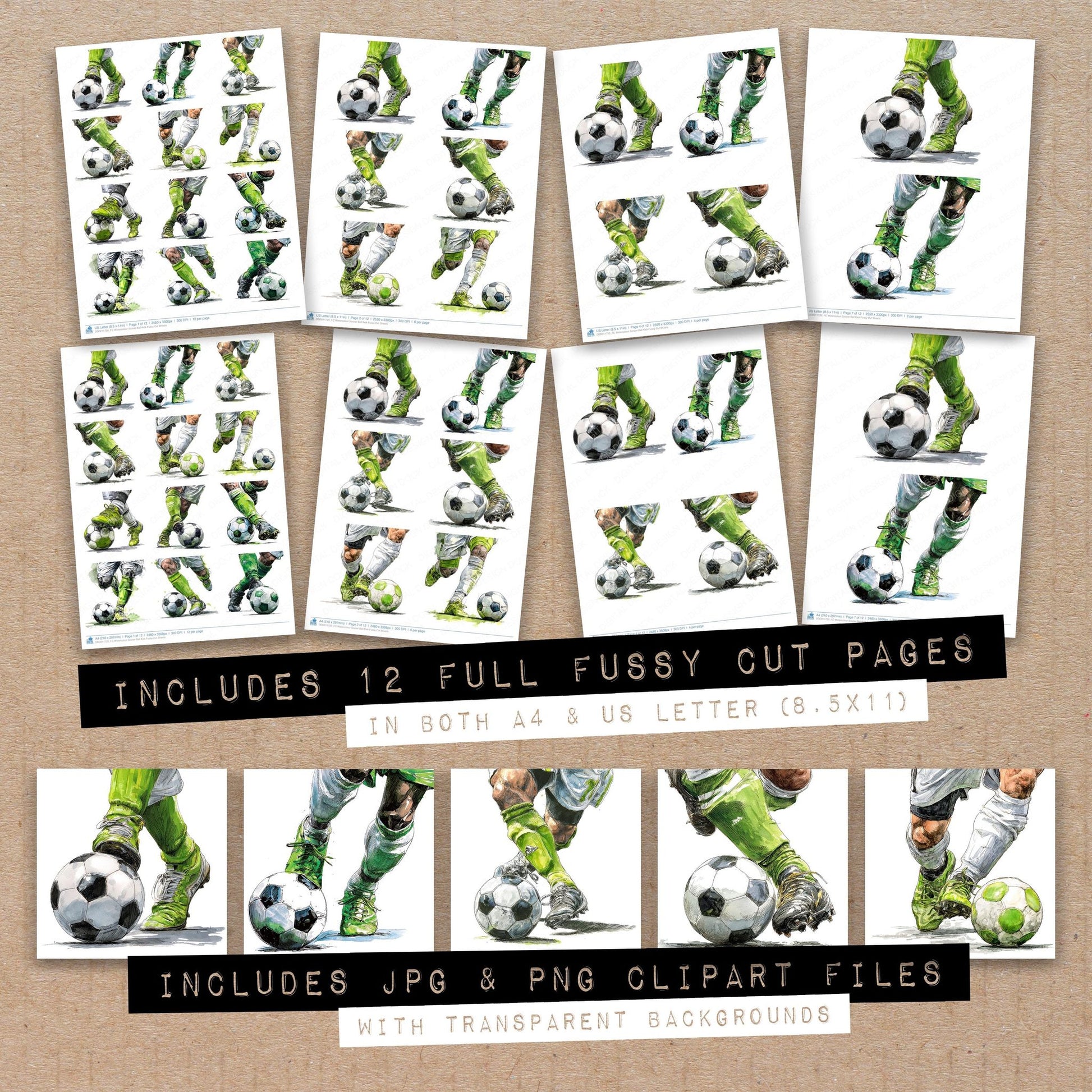 Full collection view of Watercolour Soccer Ball Kick fussy cut sheets with bonus clipart JPG and PNG files