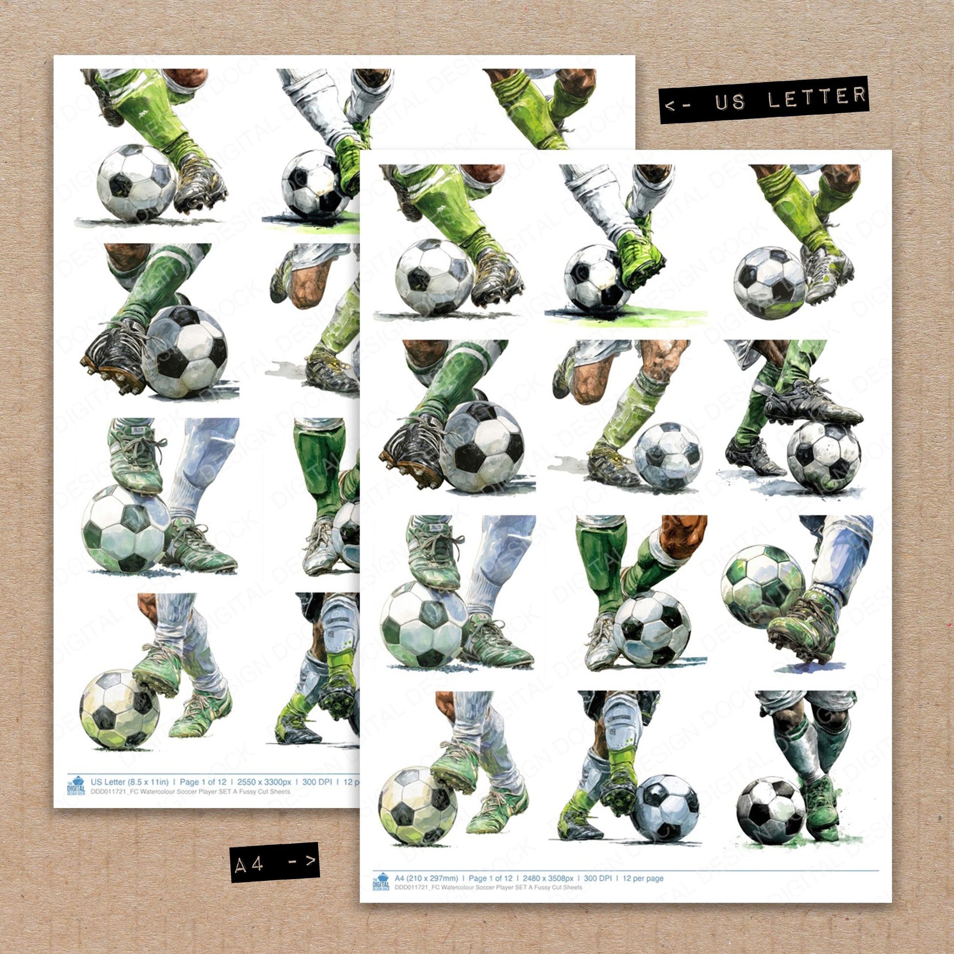 A4 and US Letter format comparison showing Watercolour Soccer Player A fussy cut pages for print and cut crafting