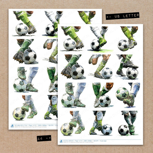 A4 and US Letter format comparison showing Watercolour Soccer Player A fussy cut pages for print and cut crafting