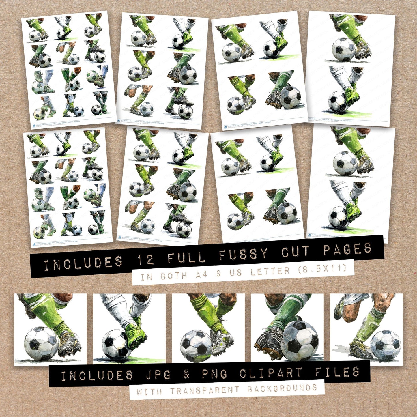 Full collection view of Watercolour Soccer Player A fussy cut sheets with bonus clipart JPG and PNG files