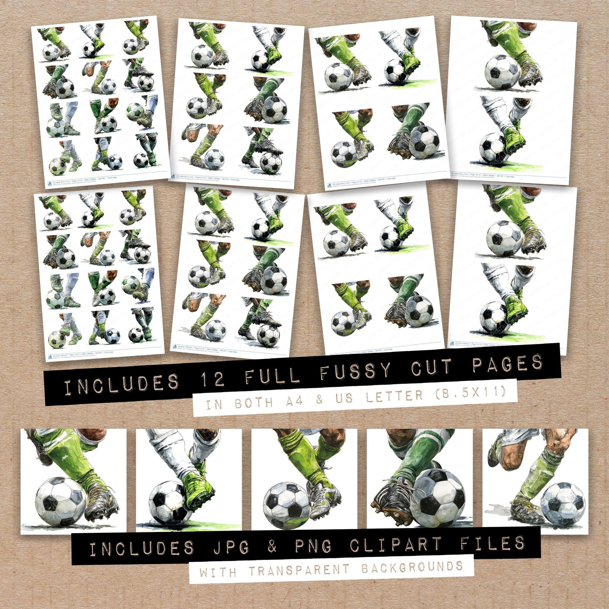 Full collection view of Watercolour Soccer Player A fussy cut sheets with bonus clipart JPG and PNG files