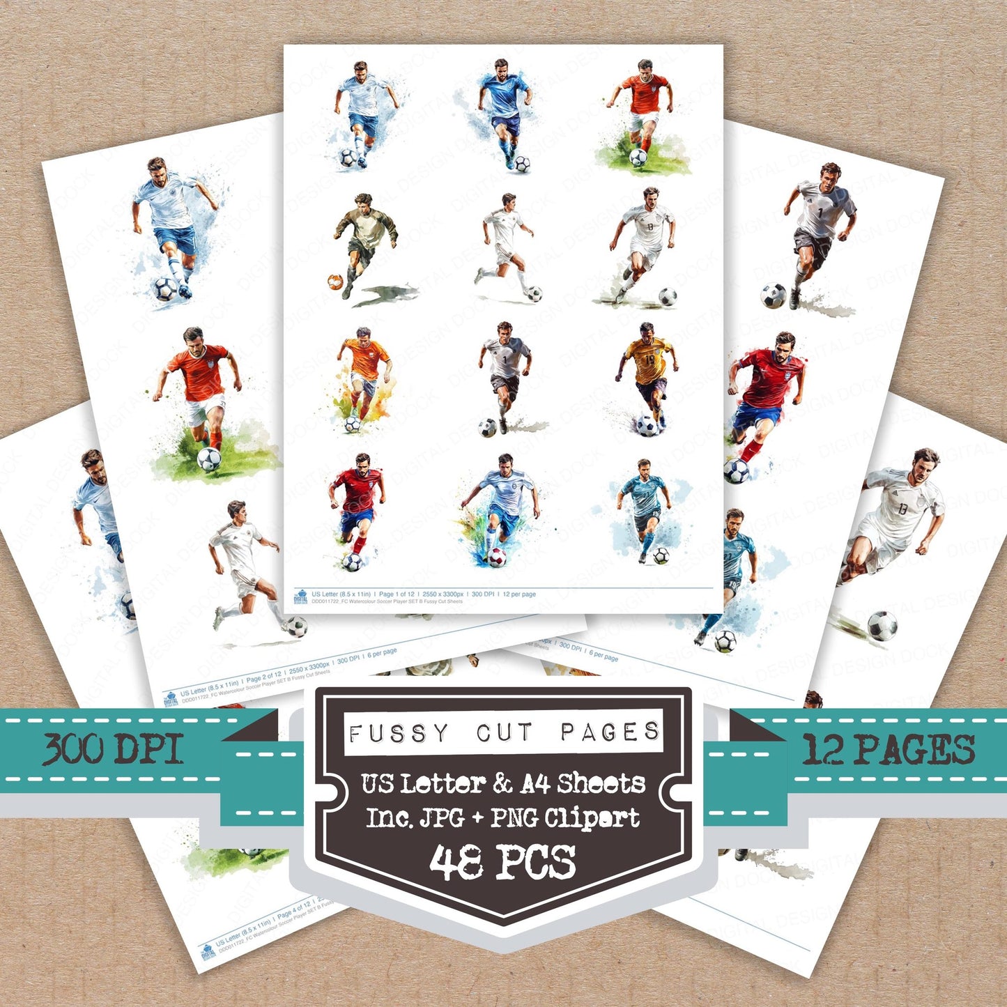 Watercolour Soccer Player B fussy cut printable sheets for junk journaling, scrapbooking, and paper craft projects