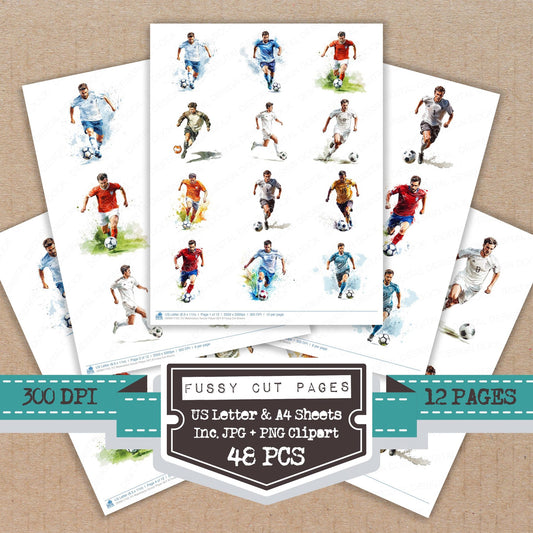 Watercolour Soccer Player B fussy cut printable sheets for junk journaling, scrapbooking, and paper craft projects