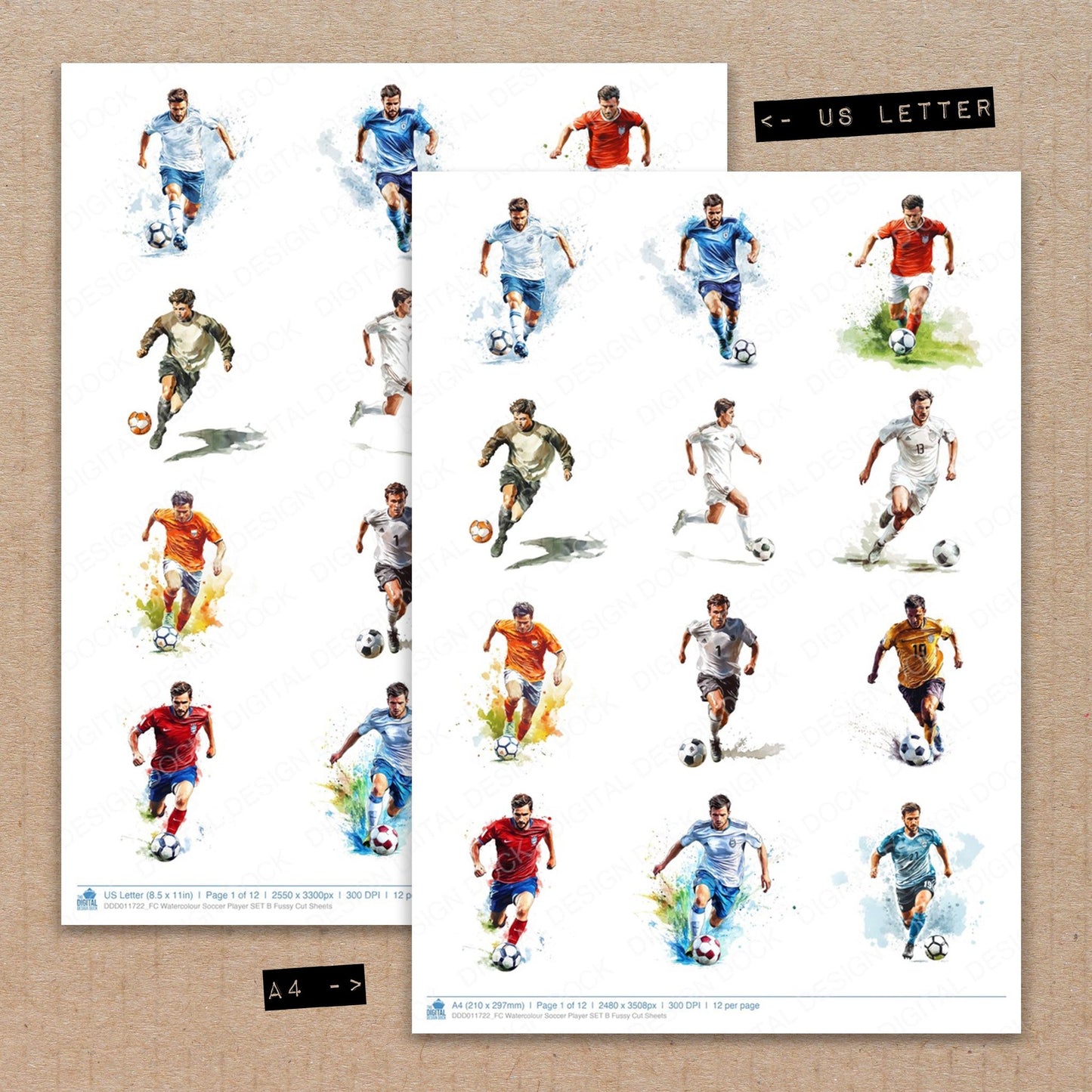 A4 and US Letter format comparison showing Watercolour Soccer Player B fussy cut pages for print and cut crafting