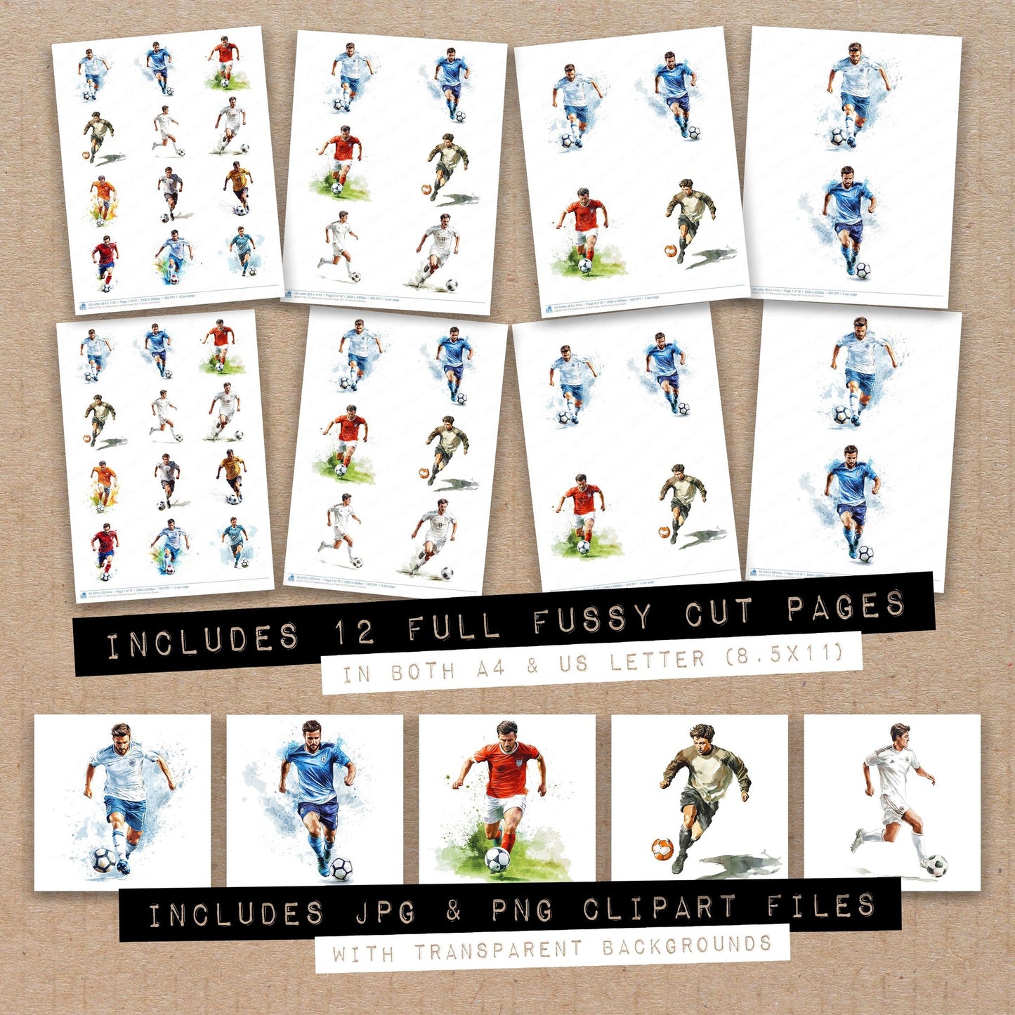 Full collection view of Watercolour Soccer Player B fussy cut sheets with bonus clipart JPG and PNG files