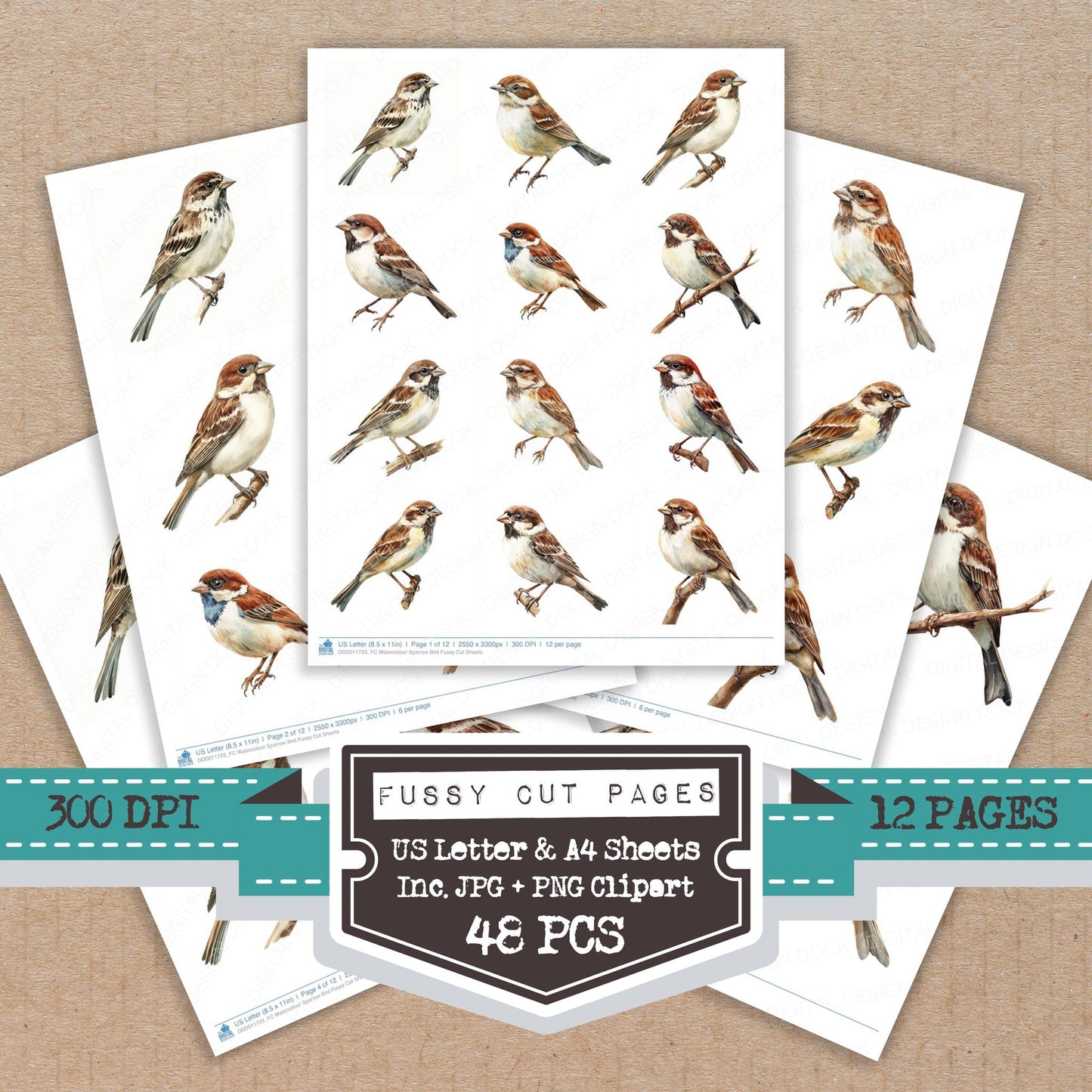 Watercolour Sparrow Bird fussy cut printable sheets for junk journaling, scrapbooking, and paper craft projects