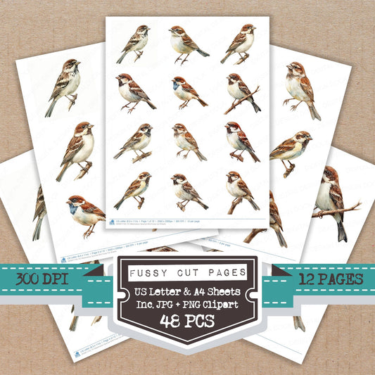 Watercolour Sparrow Bird fussy cut printable sheets for junk journaling, scrapbooking, and paper craft projects