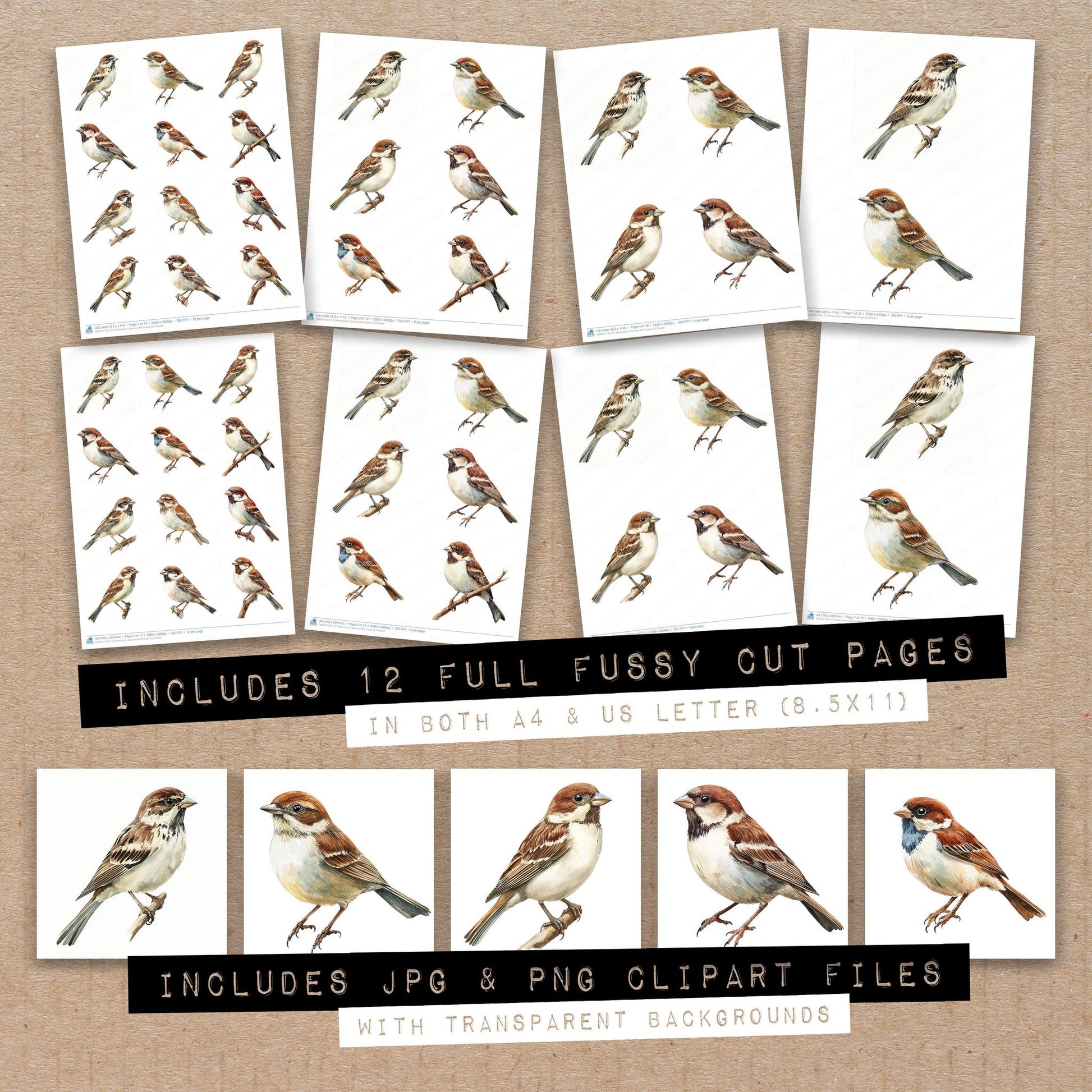 Full collection view of Watercolour Sparrow Bird fussy cut sheets with bonus clipart JPG and PNG files