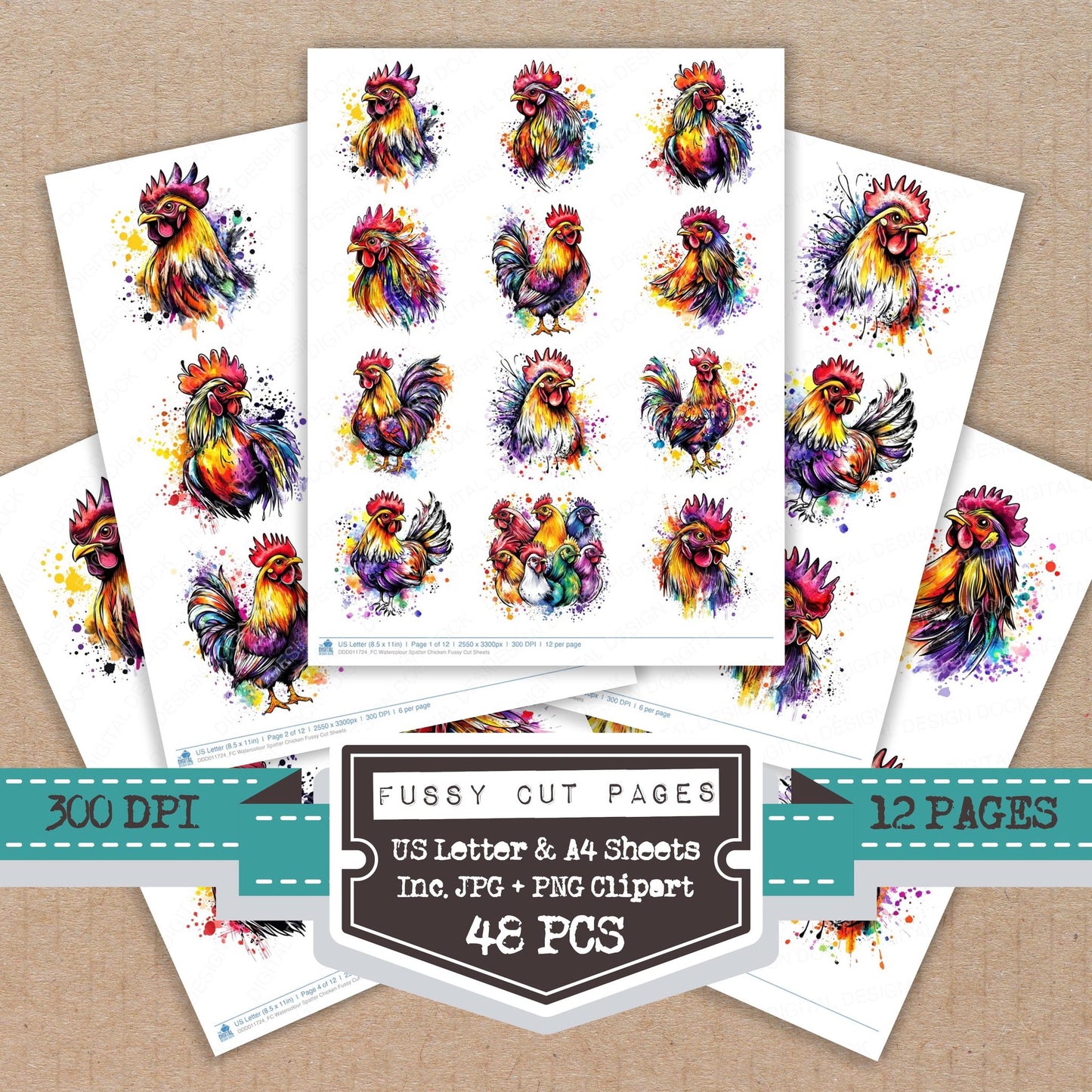 Watercolour Spatter Chicken fussy cut printable sheets for junk journaling, scrapbooking, and paper craft projects