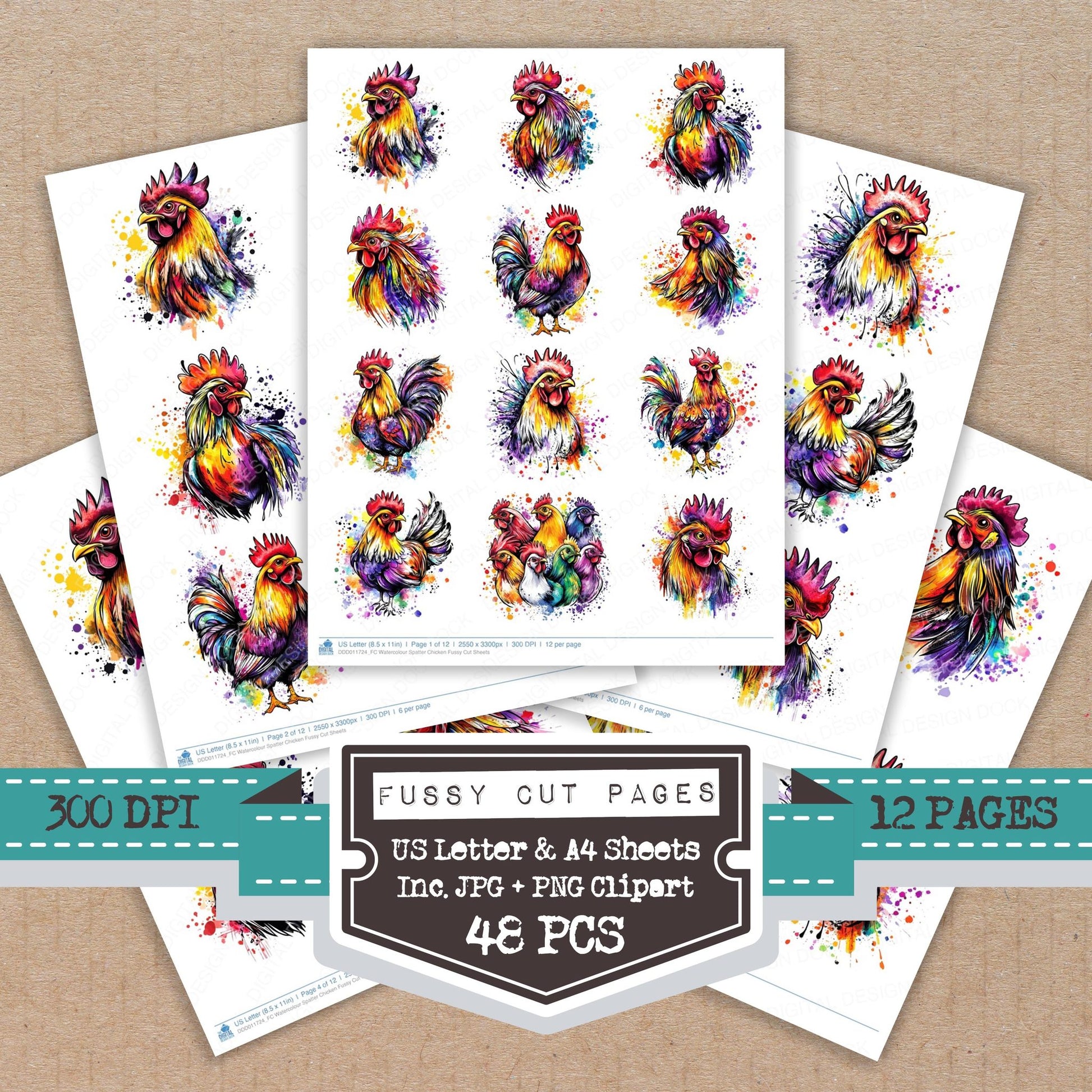 Watercolour Spatter Chicken fussy cut printable sheets for junk journaling, scrapbooking, and paper craft projects
