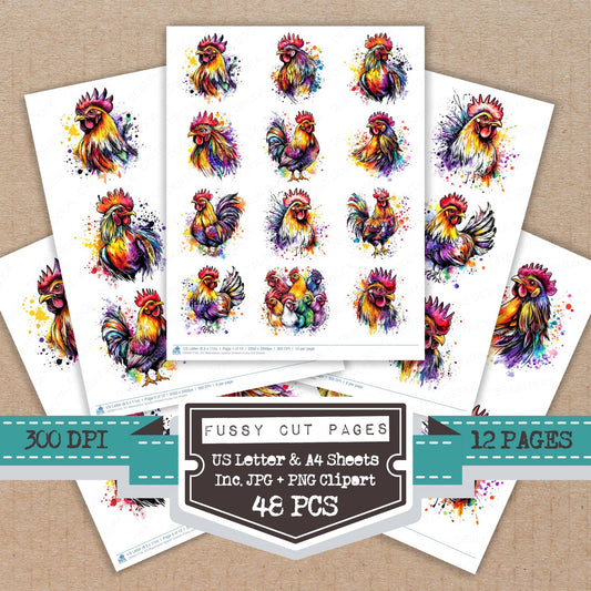 Watercolour Spatter Chicken fussy cut printable sheets for junk journaling, scrapbooking, and paper craft projects