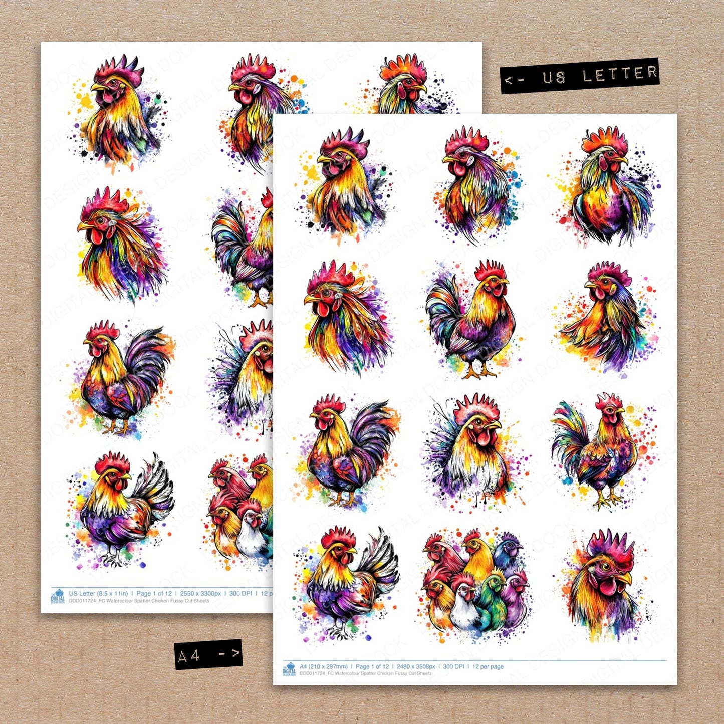 A4 and US Letter format comparison showing Watercolour Spatter Chicken fussy cut pages for print and cut crafting