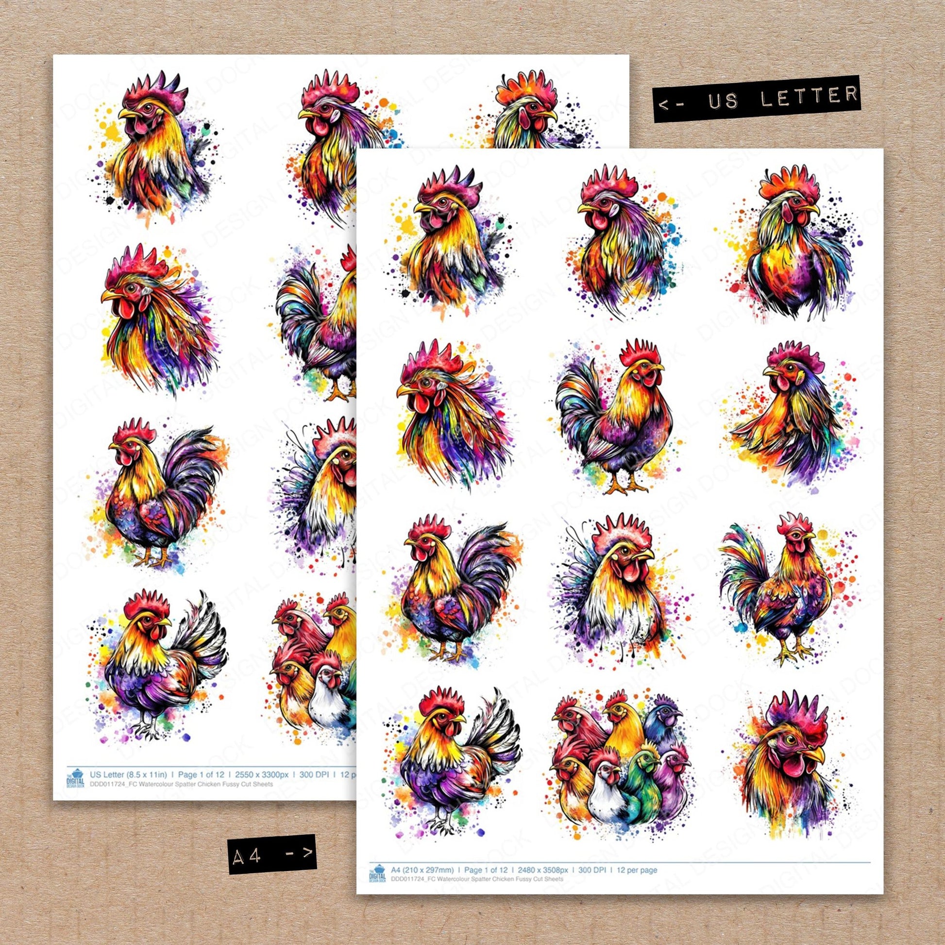 A4 and US Letter format comparison showing Watercolour Spatter Chicken fussy cut pages for print and cut crafting
