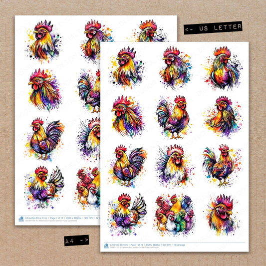 A4 and US Letter format comparison showing Watercolour Spatter Chicken fussy cut pages for print and cut crafting
