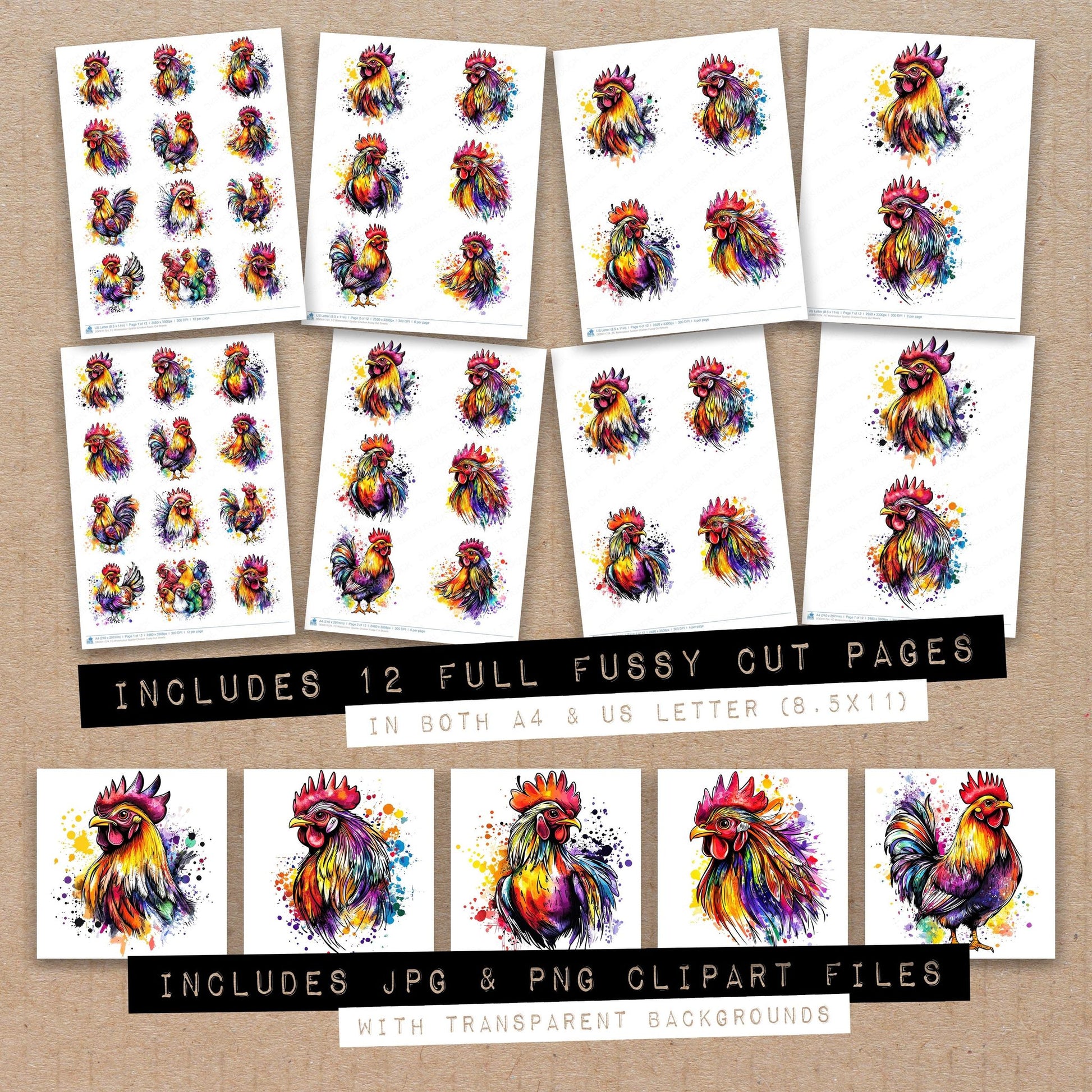 Full collection view of Watercolour Spatter Chicken fussy cut sheets with bonus clipart JPG and PNG files