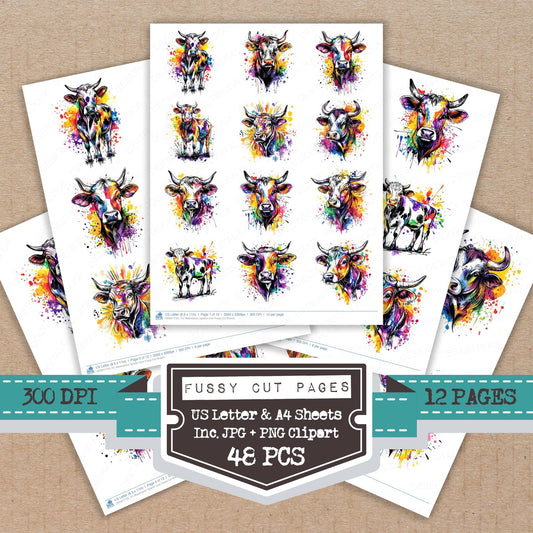 Watercolour Spatter Cow fussy cut printable sheets for junk journaling, scrapbooking, and paper craft projects