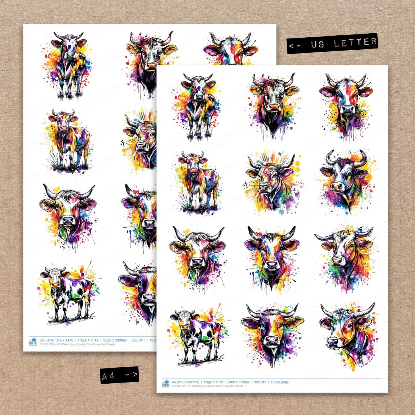 A4 and US Letter format comparison showing Watercolour Spatter Cow fussy cut pages for print and cut crafting