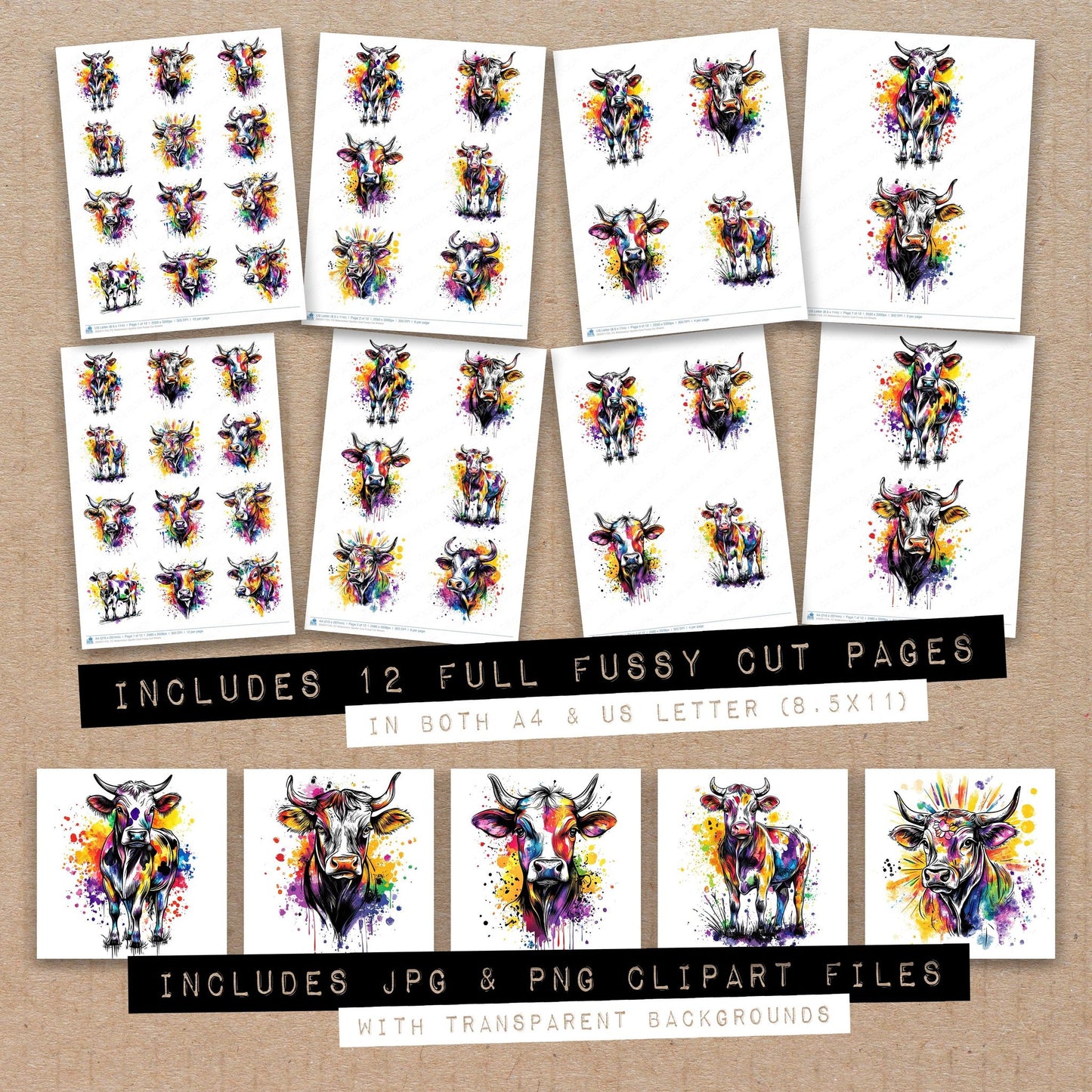 Full collection view of Watercolour Spatter Cow fussy cut sheets with bonus clipart JPG and PNG files