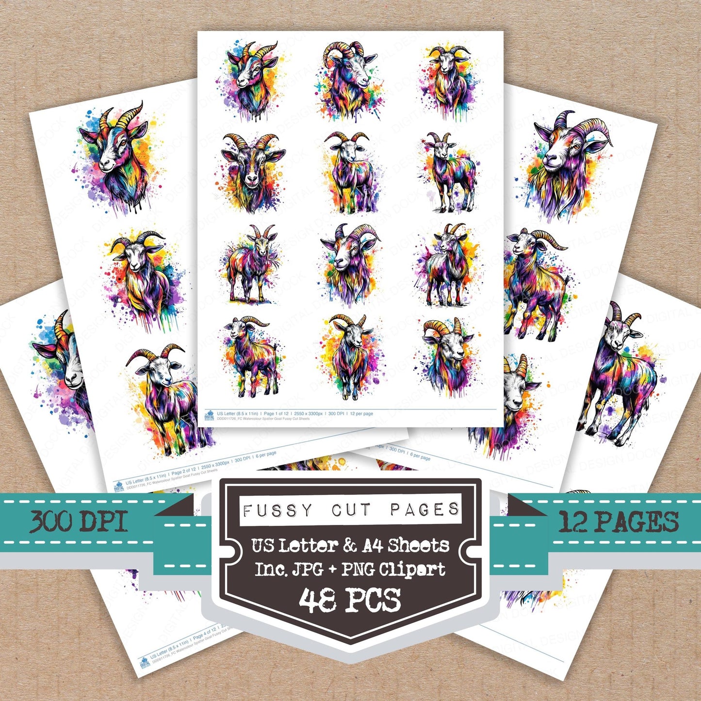 Watercolour Spatter Goat fussy cut printable sheets for junk journaling, scrapbooking, and paper craft projects