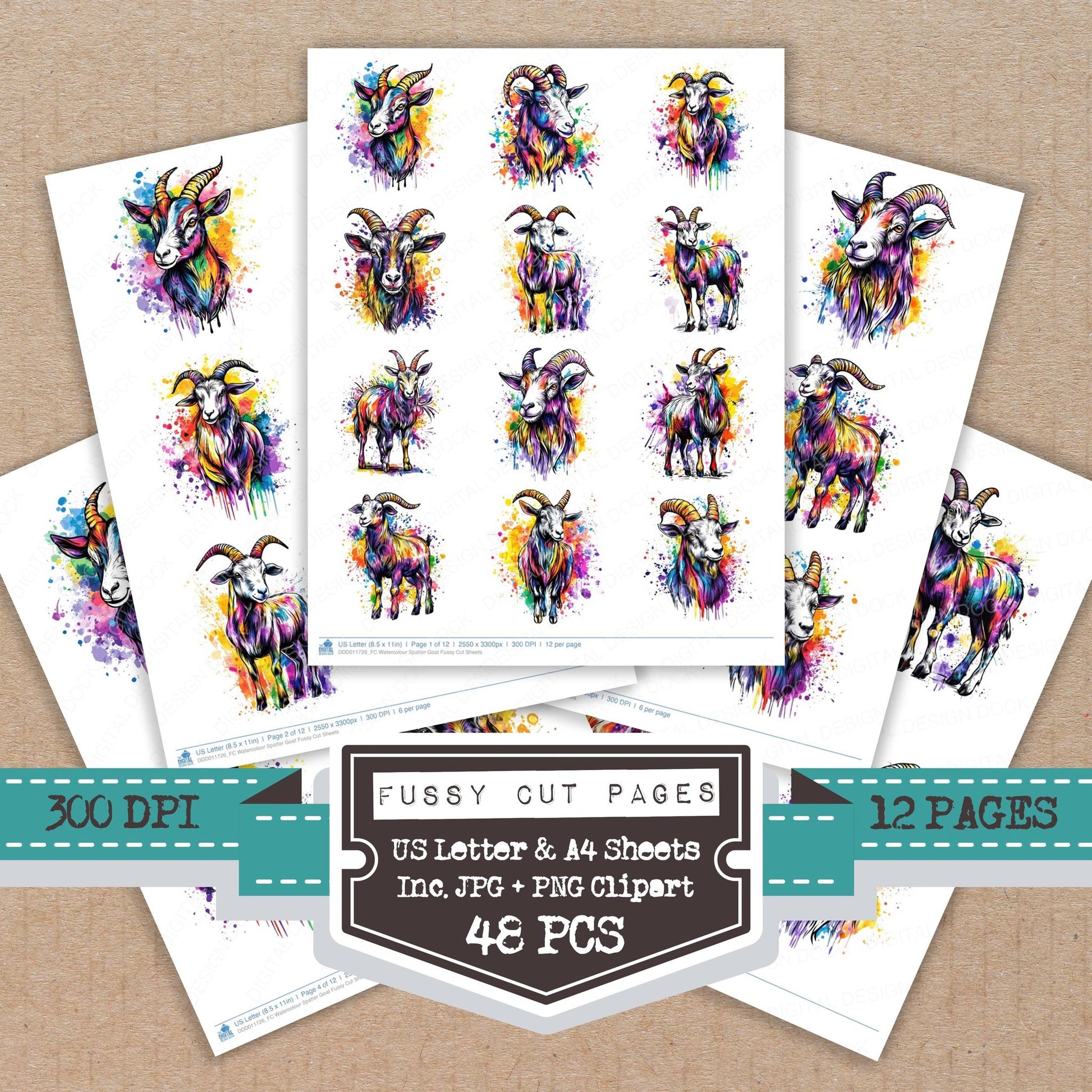 Watercolour Spatter Goat fussy cut printable sheets for junk journaling, scrapbooking, and paper craft projects