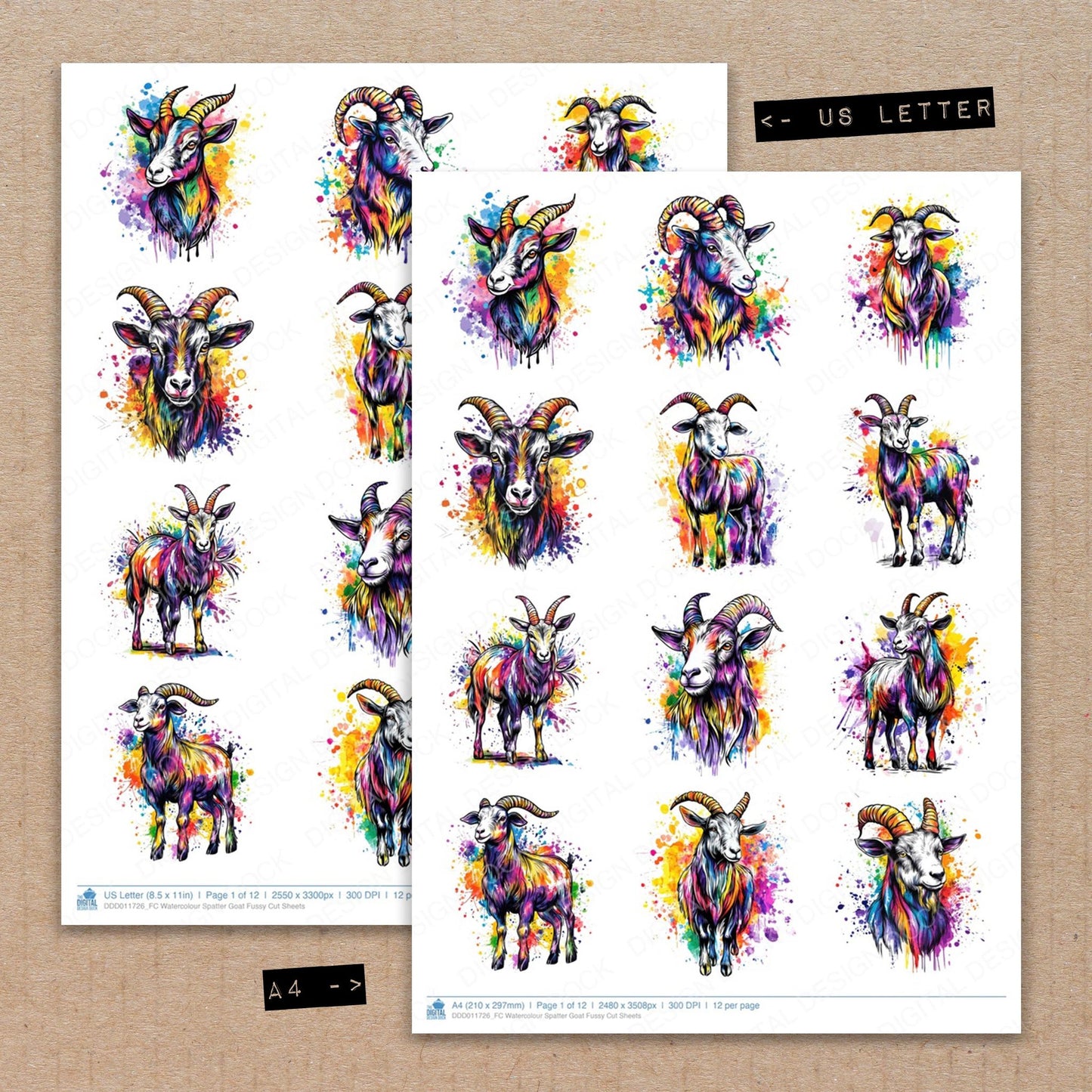 A4 and US Letter format comparison showing Watercolour Spatter Goat fussy cut pages for print and cut crafting
