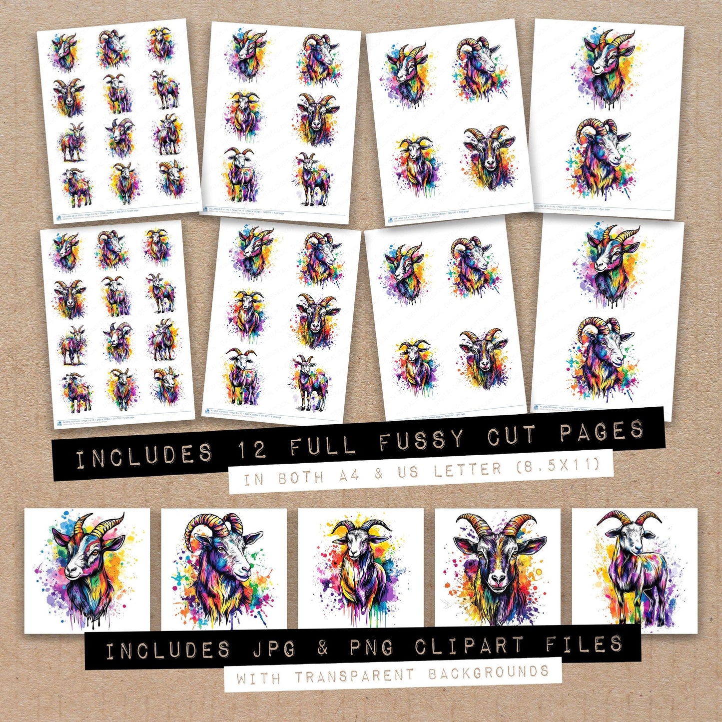 Full collection view of Watercolour Spatter Goat fussy cut sheets with bonus clipart JPG and PNG files