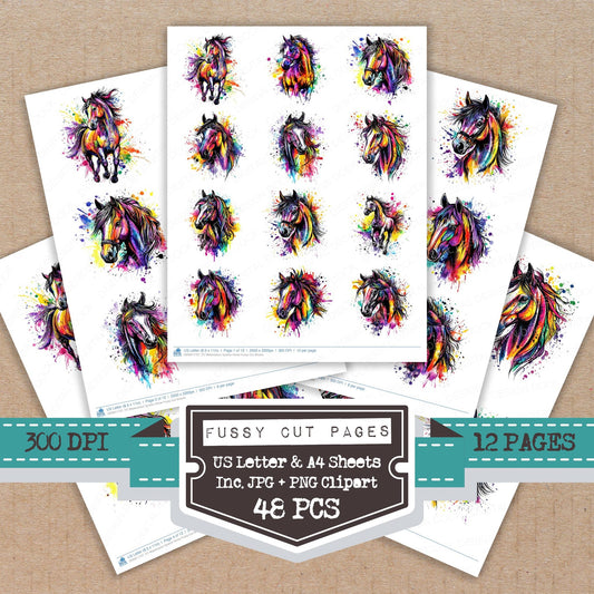 Watercolour Spatter Horse fussy cut printable sheets for junk journaling, scrapbooking, and paper craft projects