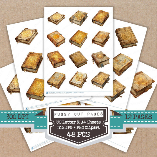 Watercolour Spell Book fussy cut printable sheets for junk journaling, scrapbooking, and paper craft projects