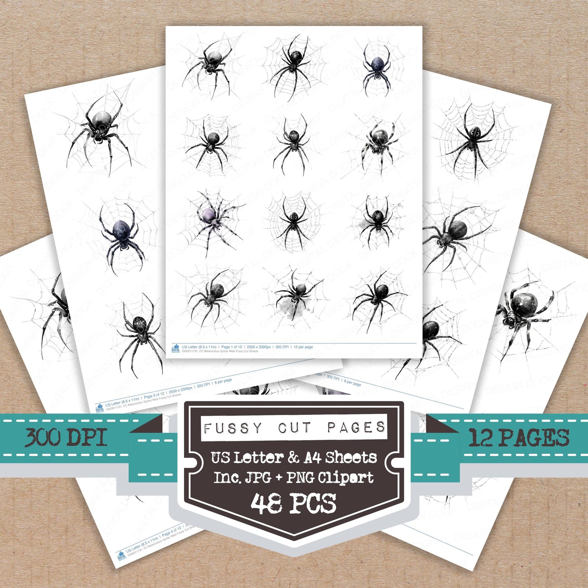 Watercolour Spider Web fussy cut printable sheets for junk journaling, scrapbooking, and paper craft projects