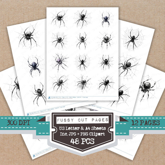 Watercolour Spider Web fussy cut printable sheets for junk journaling, scrapbooking, and paper craft projects