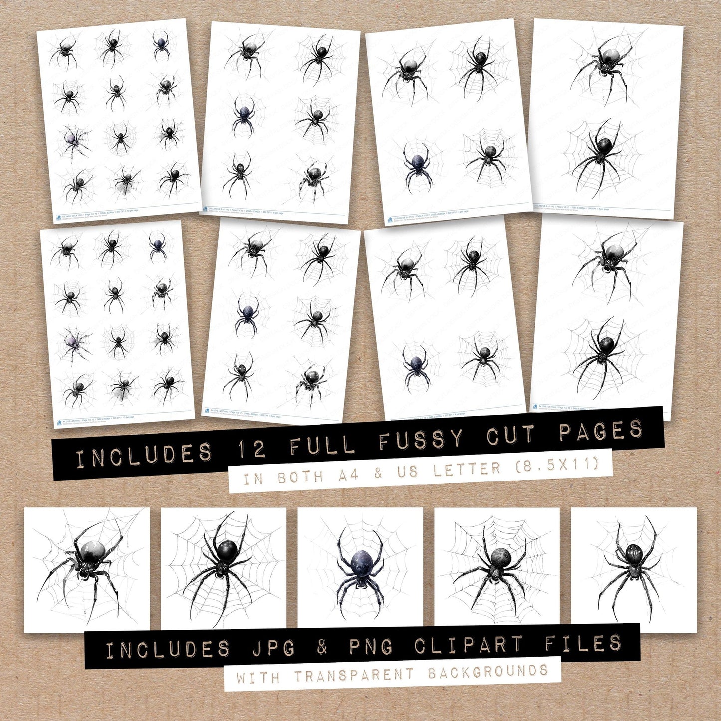 Full collection view of Watercolour Spider Web fussy cut sheets with bonus clipart JPG and PNG files