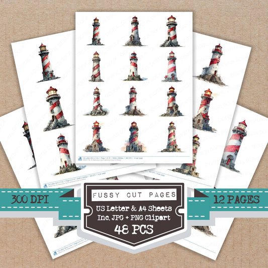 Watercolour Spiral Lighthouse fussy cut printable sheets for junk journaling, scrapbooking, and paper craft projects