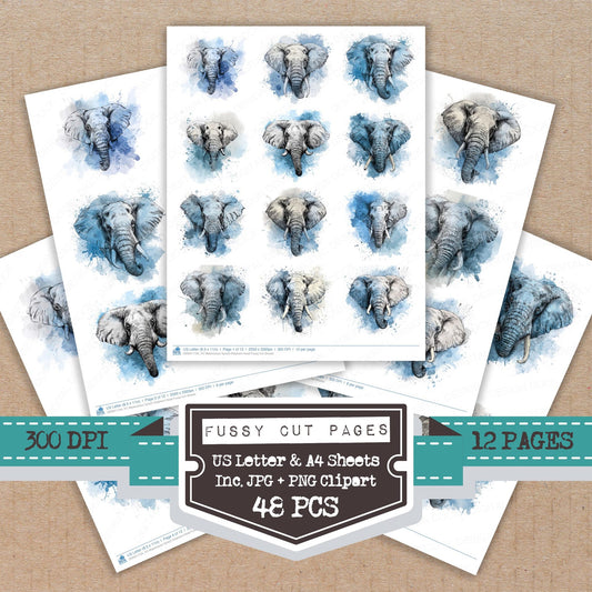 Watercolour Splash Elephant Head fussy cut printable sheets for junk journaling, scrapbooking, and paper craft projects