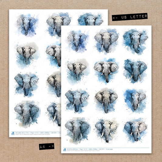 A4 and US Letter format comparison showing Watercolour Splash Elephant Head fussy cut pages for print and cut crafting